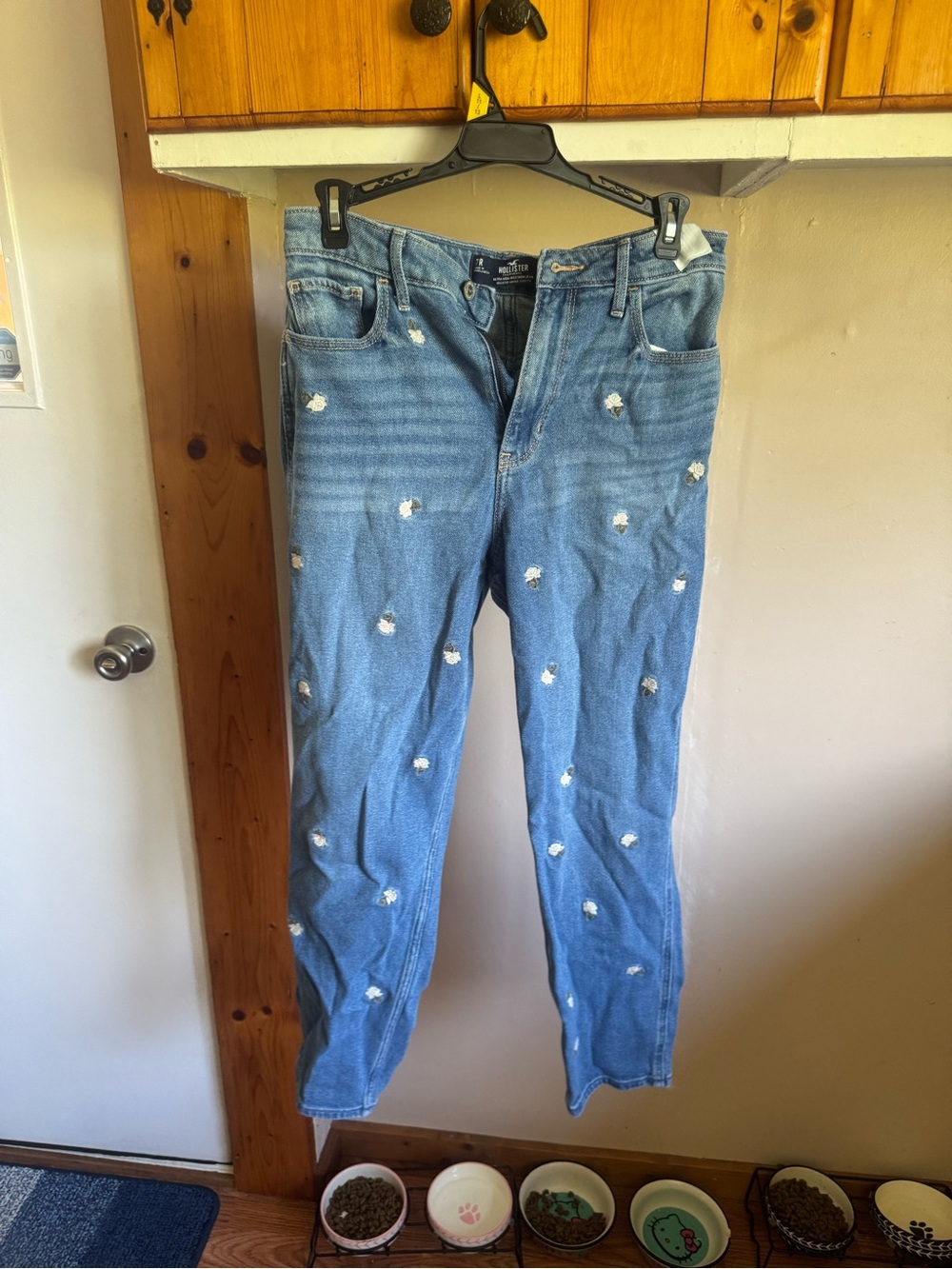 Hollister Light Blue Skinny Jeans with White Distressed Floral Accents